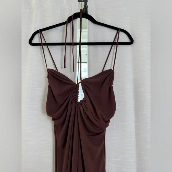 MANGO Chocolate Brown Ruched Cutout Maxi Dress | Vacation, Date Night Size M - Picture 7 of 11